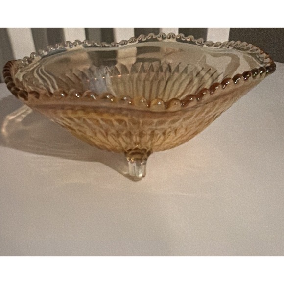 Vtg Marigold Amber‎ Depression Carnival Glass Candy Trinket Dish Bowl 3-Footed - Picture 6 of 6